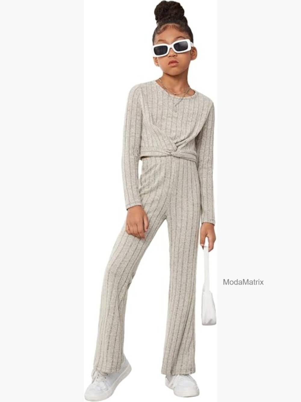 Girls 2 Piece Ribbed Knit Outfit Tee and Flare Leg Pants Set Big Kid